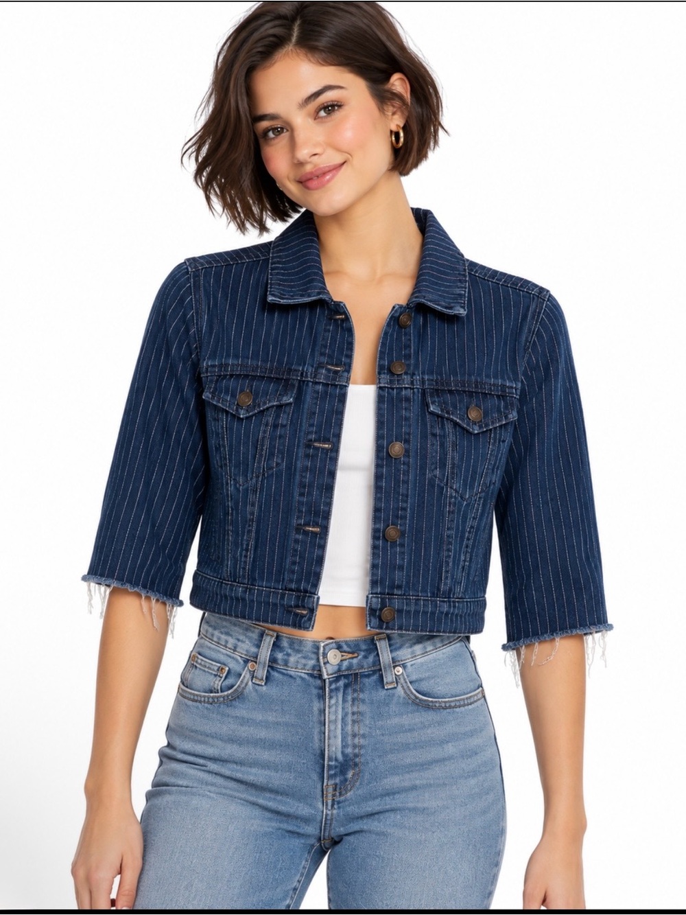 Forever 21 Pink Blue Pinstripe Cropped Denim Jacket Raw Hem Small
